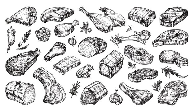 Black and white illustration of various cuts of raw meat, arranged artfully with herbs