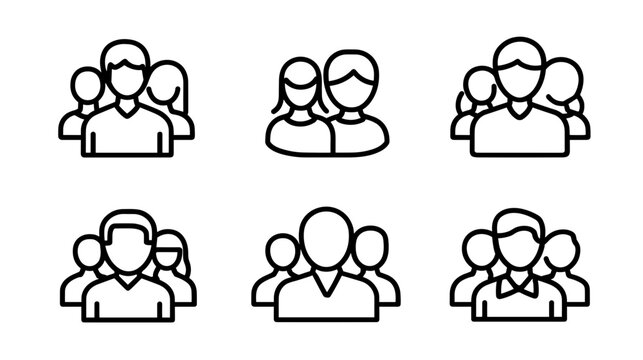 Variety of People Icons Representing Groups and Social Interactions in Minimalist Outline Style