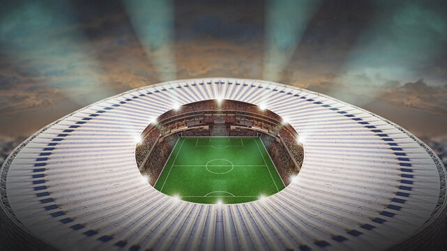 green field in soccer stadium . ready for game in the midfield. View from the very top.