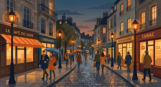 Cozy Parisian street at evening with cafes and people strolling
