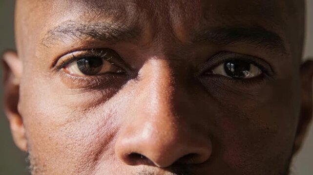 Extreme close up macro video of a mature Black man looking directly into the camera with a serious and intense expression under dramatic high contrast studio lighting.