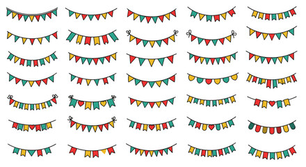 Fototapeta premium Large collection of hand-drawn colorful party bunting banners and festive flags in various shapes and patterns for decorations.