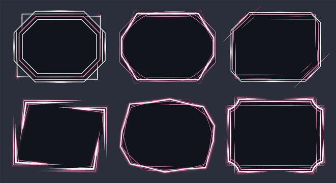 Set of futuristic neon geometric frames with glowing pink and white lines on a dark background for modern digital presentation.