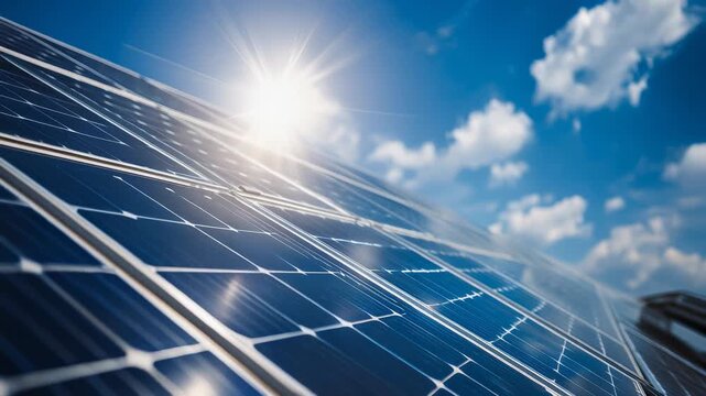 Bright sunny sky powering vast solar panel array for clean renewable energy