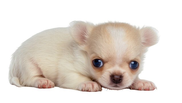 Tiny fawn chihuahua puppy with big blue eyes lying down