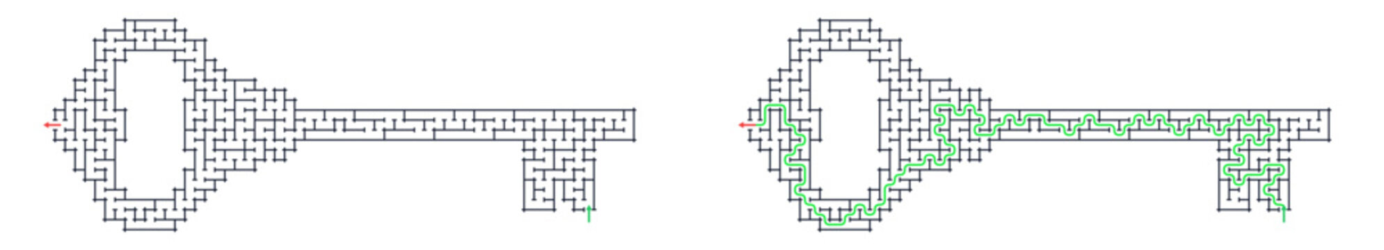Key shaped labyrinth game grid vector. Puzzle games for workbook with solution path. Line art illustration isolated on transparent background