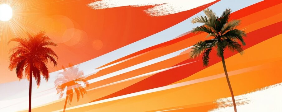 Vibrant tropical palm silhouettes against an orange sunset gradient background for summer designs