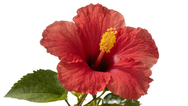 Red hibiscus flower with yellow stamen and green leaves