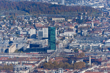 Obraz premium Aerial view of cityscape with Hardbrücke bridge and Prime Tower skyscraper at industrial district of Swiss city of Zürich on a sunny autumn day. Photo taken October 29th, 2025, Zurich, Switzerland.