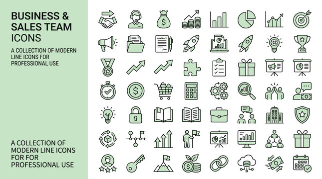 Business and sales team icons set, modern line vector collection for professional use, green and black corporate marketing symbols