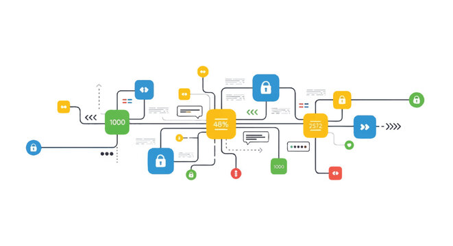 Colorful interconnected mind map diagram illustrating a network of ideas and concepts.