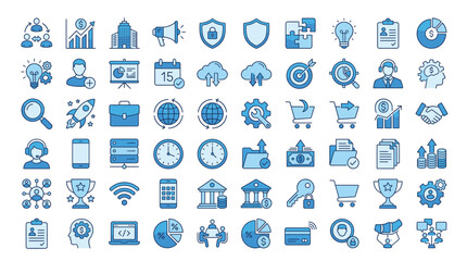 Obraz premium Modern blue business icons set, 60 professional corporate vector symbols, flat line marketing and finance web elements for dashboard design