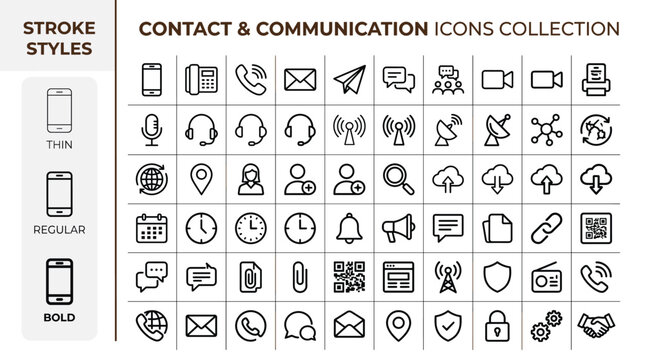 Contact and communication icons collection, 54 line vector symbols in thin regular and bold stroke styles, professional business support and messaging set