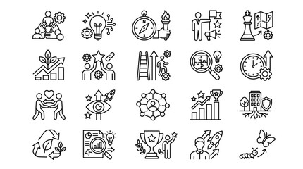 Obraz premium Business growth and leadership line icons, 20 vector elements for corporate strategy, professional development and success concepts