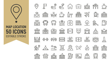 Map location 50 icons set, editable stroke line icons for navigation and travel, minimalist city landmarks and destination vector symbols © Iconify Studio