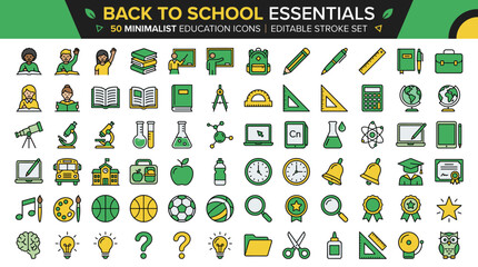 Back to school essentials icon set, 50 minimalist education icons with editable stroke, green and yellow school supplies vector collection © Iconify Studio