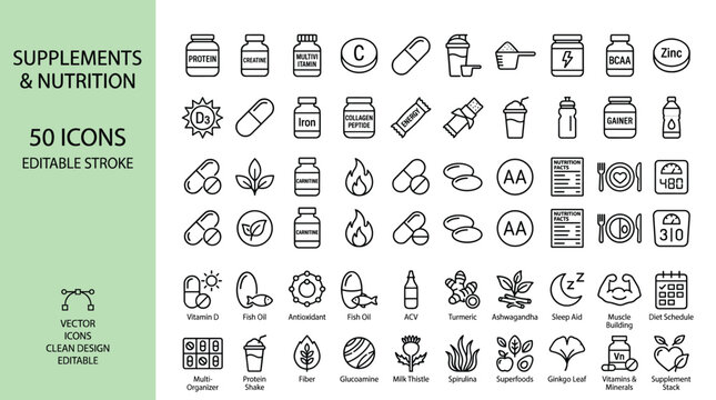 Supplements and nutrition line icons, 50 editable stroke vector icons set. Health and fitness supplement symbols for wellness apps.