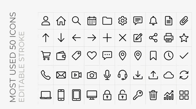 Minimalist line icons set of 50 editable stroke vector elements, modern black outline web and mobile UI interface symbols, essential business and technology icons