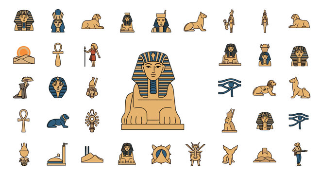 Collection of ancient Egyptian icons featuring pharaohs sphinx pyramids gods and symbols for cultural history design.