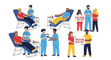 Fototapeta premium Group of healthcare professionals and patients in a hospital setting illustrating patient care and medical teamwork.