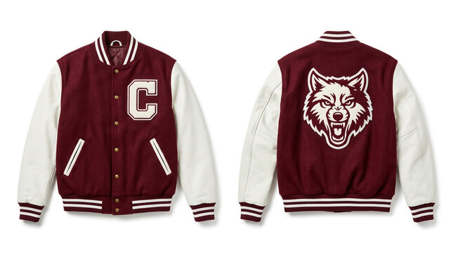 Casual varsity jacket with bold letter and animal emblem on front and back