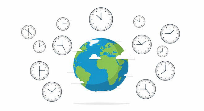Global world time zone concept with earth globe and multiple clocks
