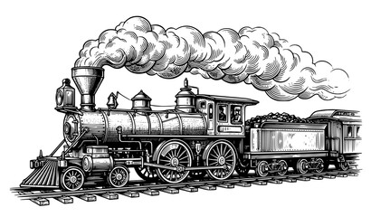 Classic Steam Locomotive Vintage Railway Engraving Vector Illustration © MstChufia