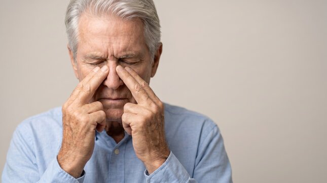 Senior man suffering from headache or sinus pain, pressing fingers on his nose bridge.