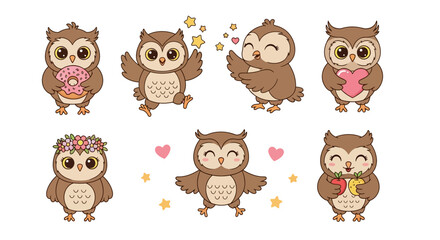 Obraz premium Cute cartoon owls set with various accessories and happy expressions