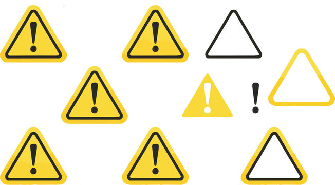 A diverse collection of yellow triangular warning signs featuring bold black exclamation marks, including outlined and smaller variations, symbolizing caution, danger, and safety alerts