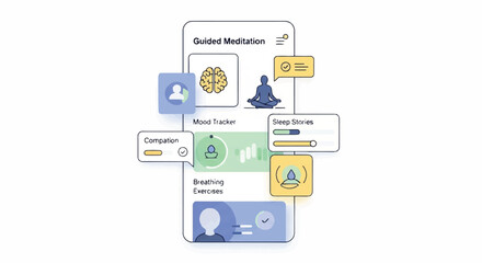 Fototapeta premium Illustration showing guided meditation, mindfulness practice, and mental wellness concepts through multiple infographic panels.