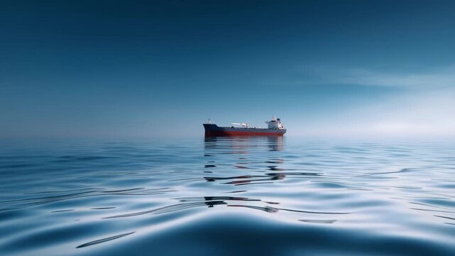 Serenity at Sea: A Large Cargo Ship Gently Floating on the Calm Waters Under a Clear Sky, Reflecting the Tranquility of Maritime Life in the Open Ocean