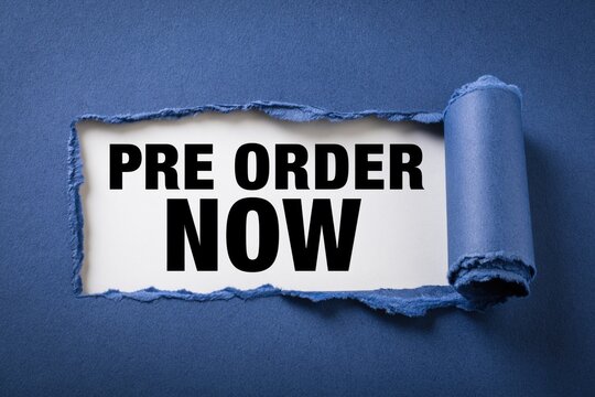 Pre order now written on white paper under torn blue cardboard