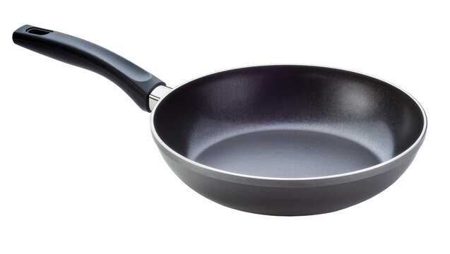 Black non-stick frying pan with silver rim and black handle