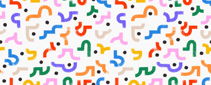 Colored abstract hand drawn bold brush strokes seamless pattern, curved thick lines and arches. Pattern for collages. Chaotic abstract shapes in doodle style. Grunge vector geometric kid elements.