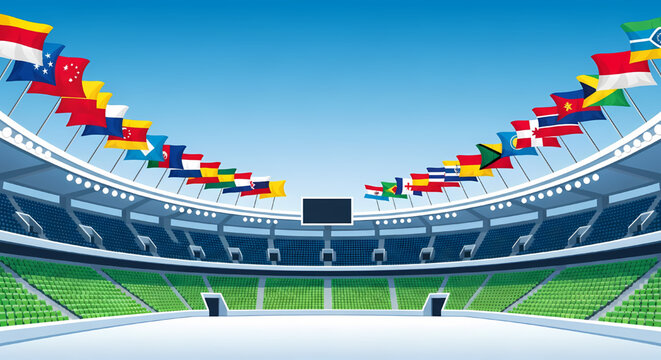 International sports stadium with world flags
