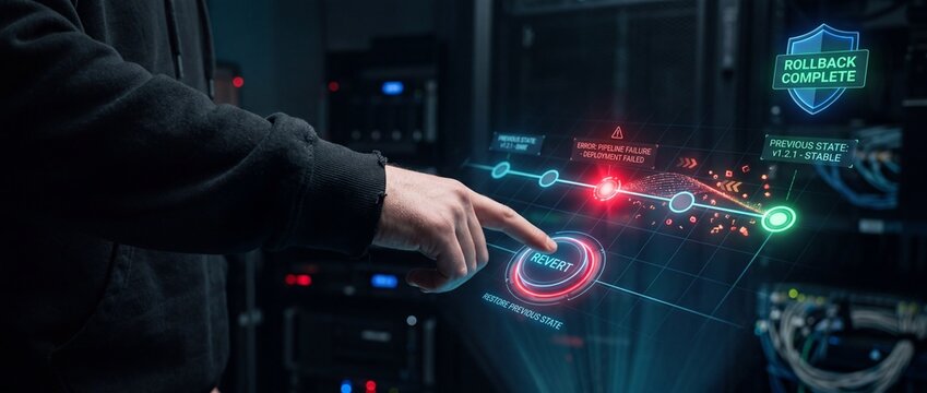 Person interacting with futuristic interface pressing revert button in data center