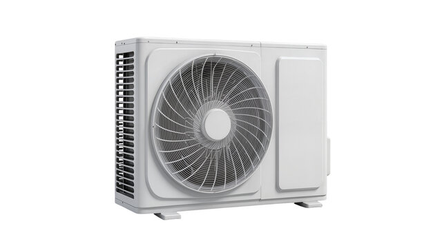 White outdoor air conditioner unit with fan and vents