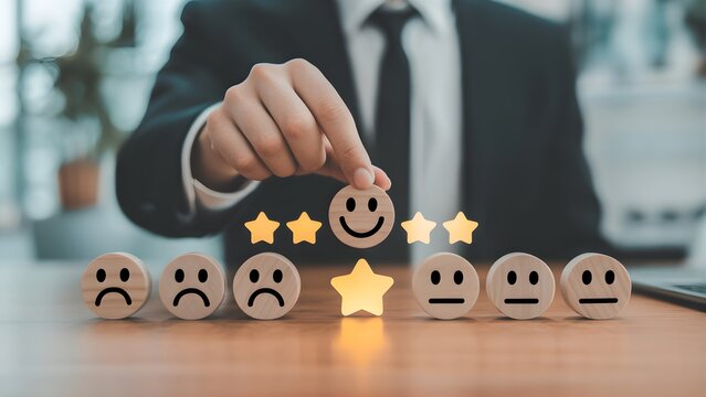 Businessman Placing Smiley Face on Rating Scale with Five Gold Stars on Wooden Table in Office