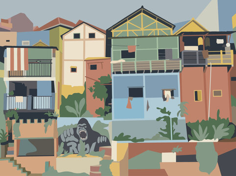 Vibrant illustration of a colorful residential neighborhood with balconies and plants, showcasing a mix of architectural styles and a lively atmosphere in a tropical setting. Located in Malang.