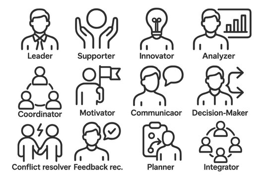 Outline icons of professional roles and skills in leadership and teamwork