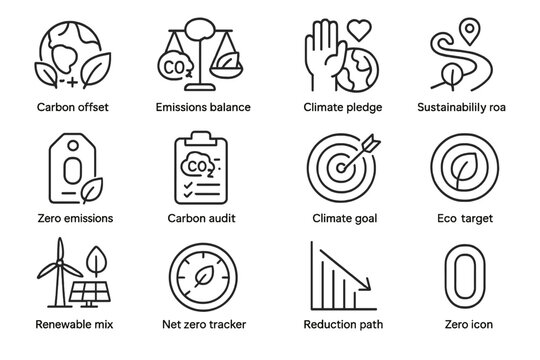 Eco-friendly icons highlighting carbon offset and sustainability efforts