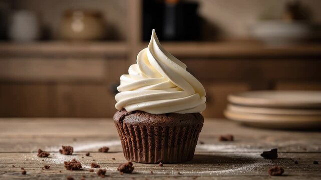Watch a baker expertly decorate a rich chocolate cupcake with creamy frosting swirls for dessert lovers