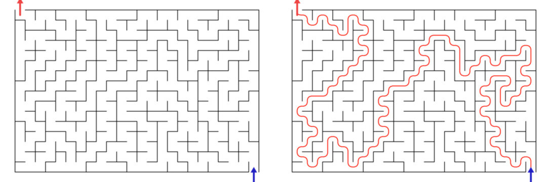 Maze puzzle with solved path highlighted in red lines  