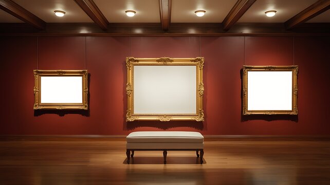 Elegant museum gallery interior with empty picture frames