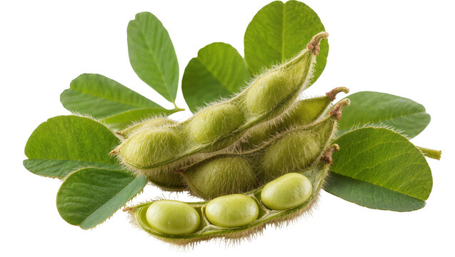 Fresh green soybean pods with leaves