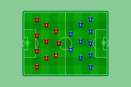 Football soccer lineup formation vector template featuring red vs blue team jersey shirts positioning on a top view green grass pitch layout.