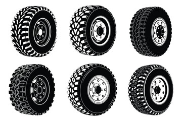 Collection of offroad truck tire vector illustrations isolated on white background. Black and white 4x4 suv wheel icons pack, mud terrain tire tread pattern set, automotive garage clipart. © Saifur Rahman