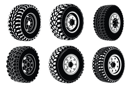 Collection of offroad truck tire vector illustrations isolated on white background. Black and white 4x4 suv wheel icons pack, mud terrain tire tread pattern set, automotive garage clipart.