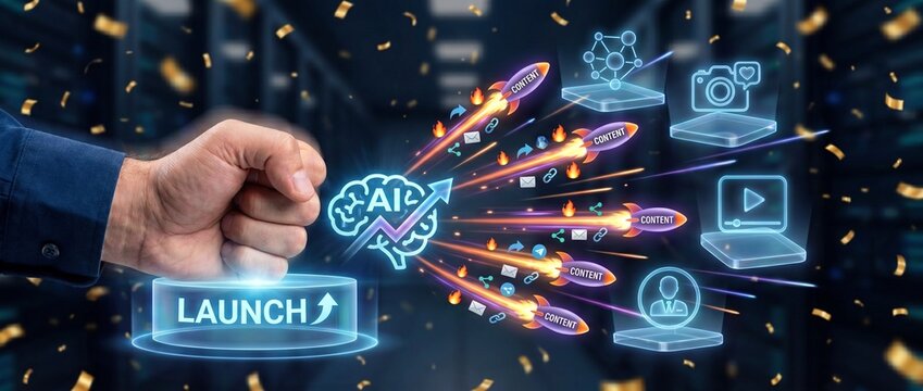 Businessman launching ai technology with rocket launch button and digital icons for content creation and innovation
